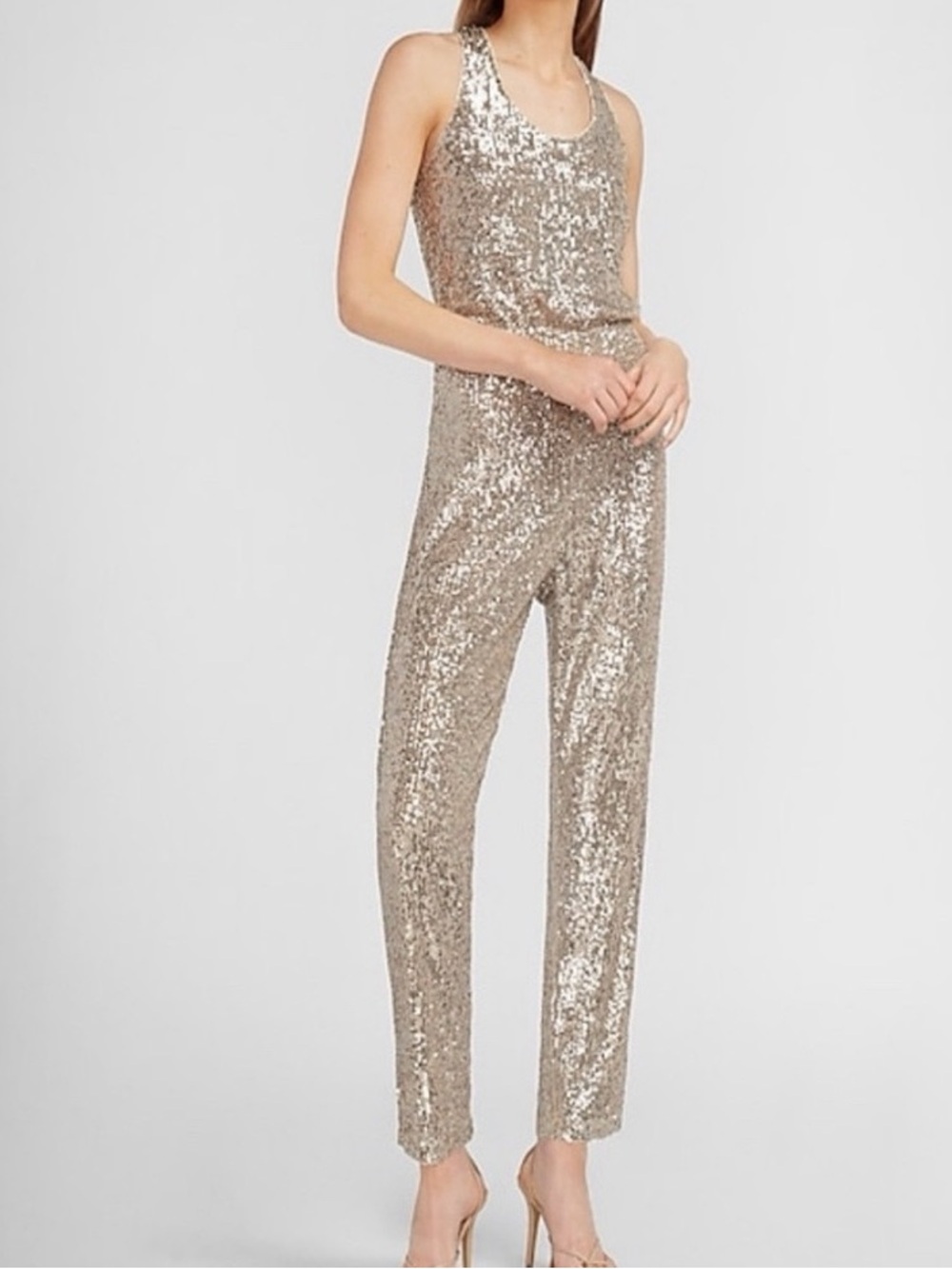 Express Champagne Sequin Tank Jumpsuit